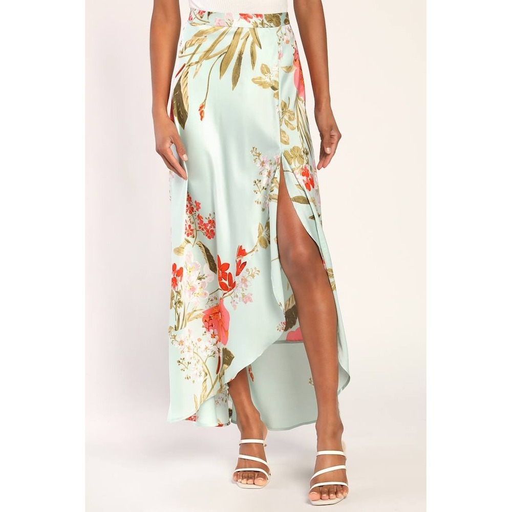 Lulu's Skirt Satin Floral Maxi Superbly Stunning Light Green Blue XL NWT
